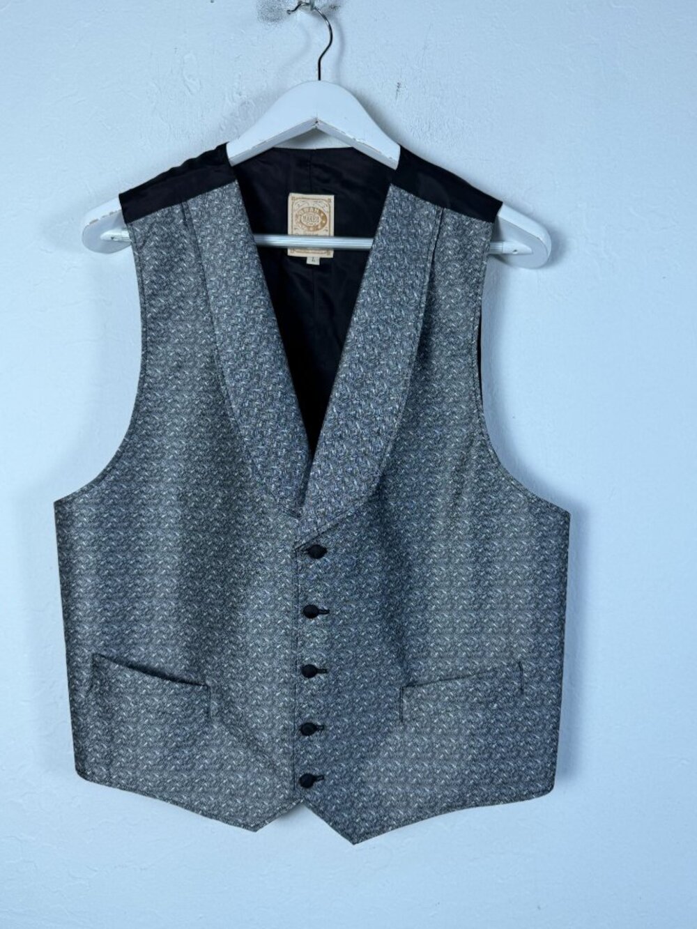 Wahmaker Frontier Mens Gray Herringbone Vest Large Shawl Collar Lined Pockets